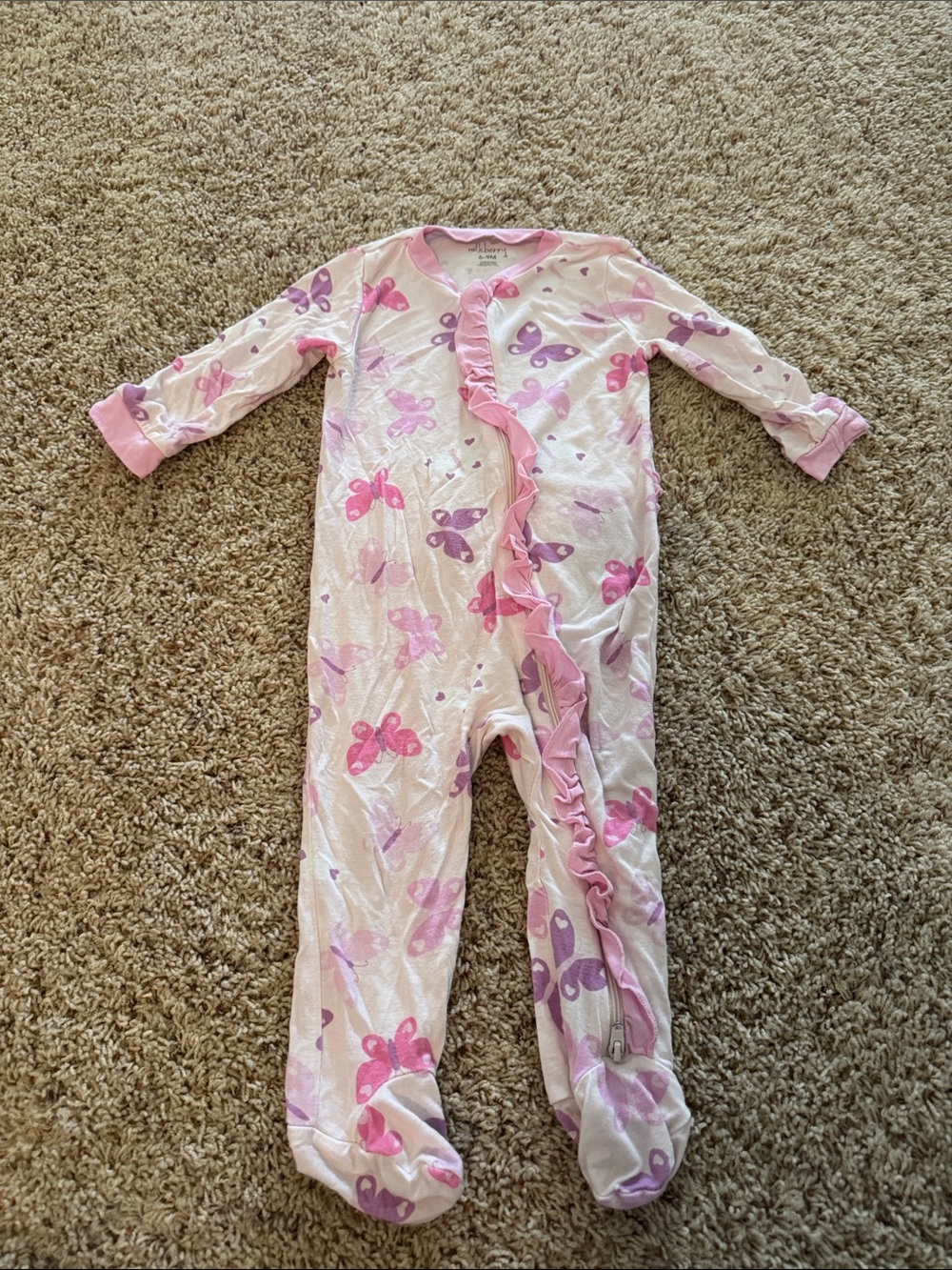 Pink & Purple Butterfly Ruffle Zip Kids One-Piece